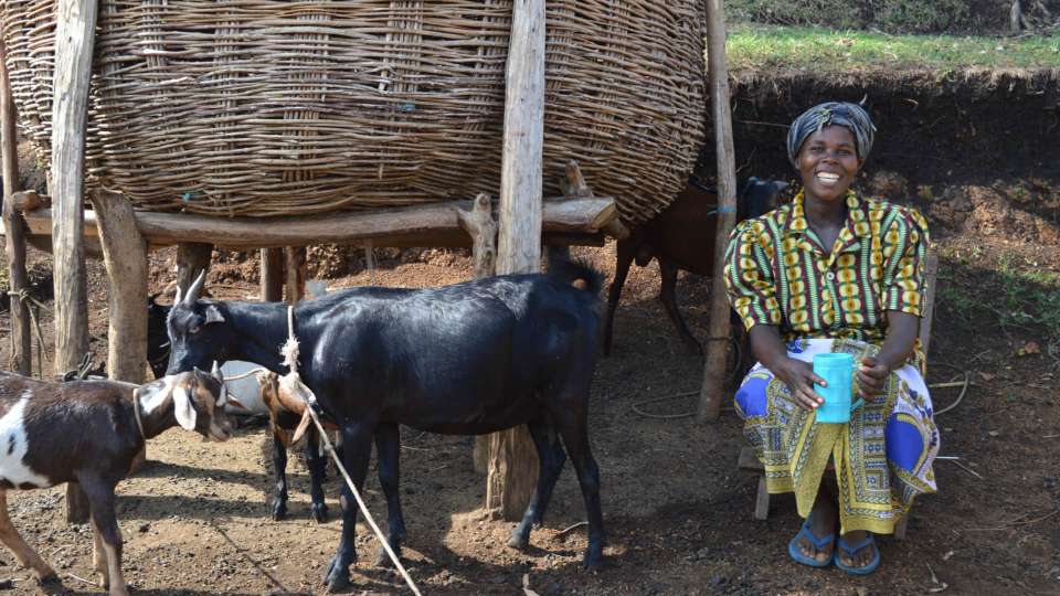 Woman smiling with her goats
