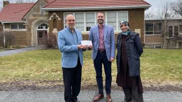 Palos 118 Superintendent Dr. Anthony Scarsella (center), presented a check to Zakat Foundation of America Director Khalil Demir (left), and Lena Tleib, Advertising and Events Coordinator, for earthquake relief efforts in Syria and Turkey. (Palos 118)