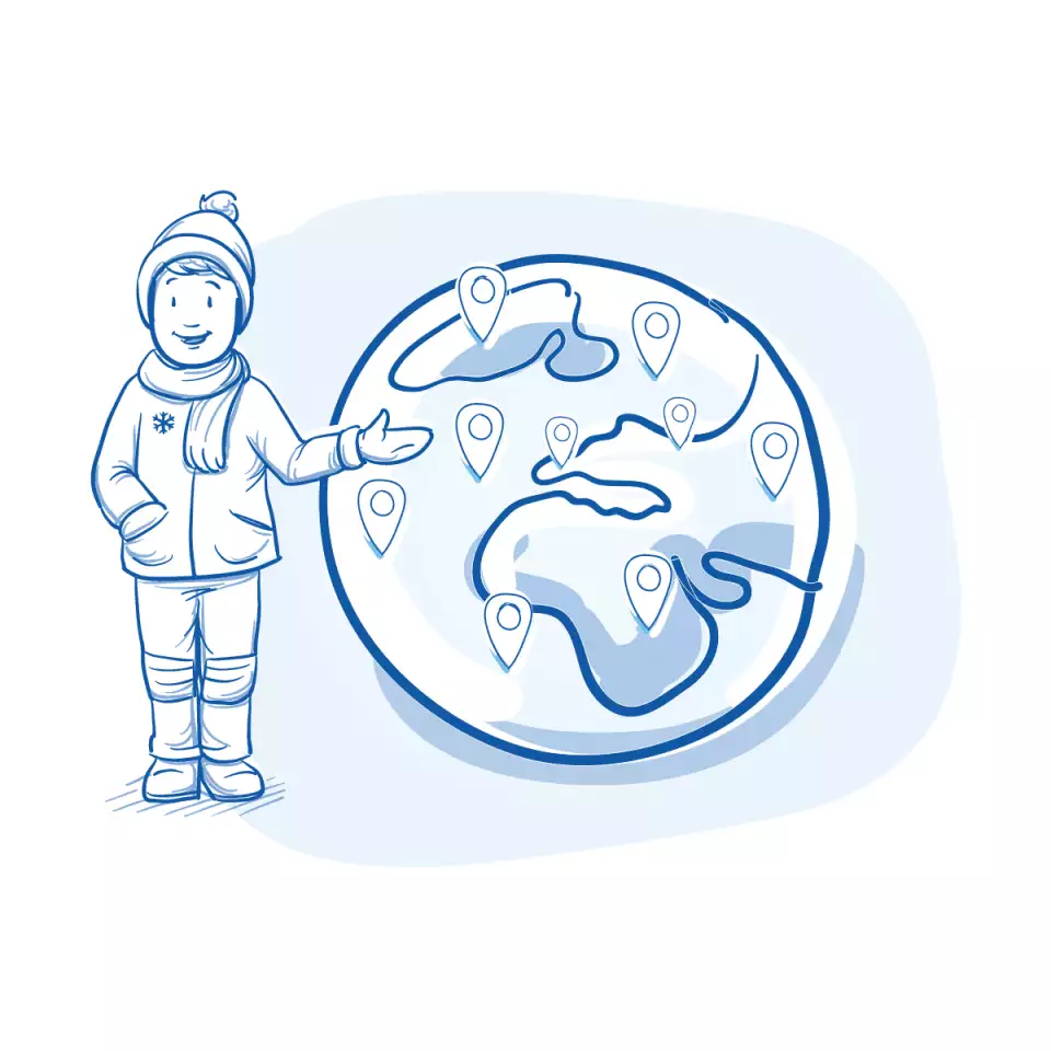 Illustratio of relief worker pointing to a globe of pins across world indicating the reach of Zakat Foundation's relief efforts.