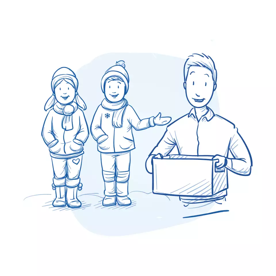Illustration of children in warm winter clothes with a large cropped illustration of man holding box.