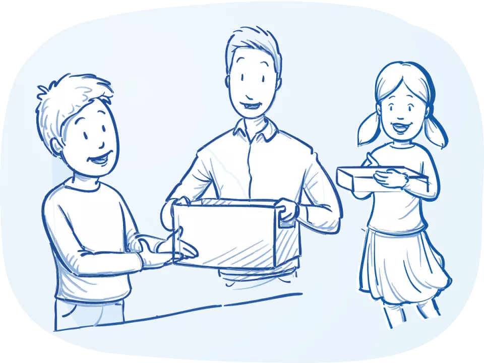 Man carrying box of emergency relief supplies and handing it to a girl and boy child