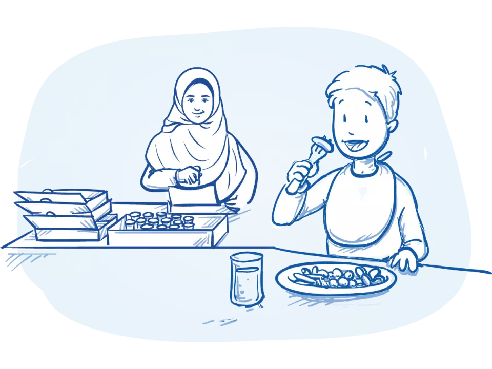 Woman in hijab serving food to hungry child