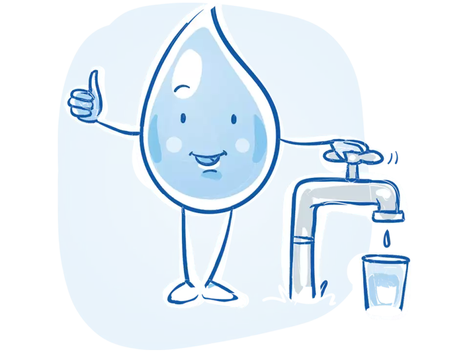 Water drop with smile pouring water into glass