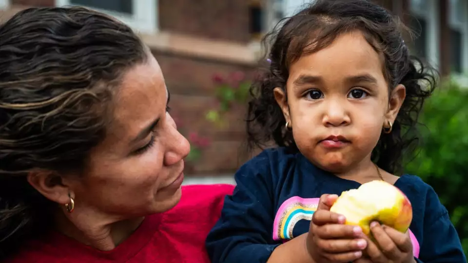 Dugleidy and Mia Aponte are a few of migrants living at the recently opened migrant shelter at St. Bartholomew Catholic Church in Portage Park on June 11, 2024. Credit: Colin Boyle/Block Club Chicago