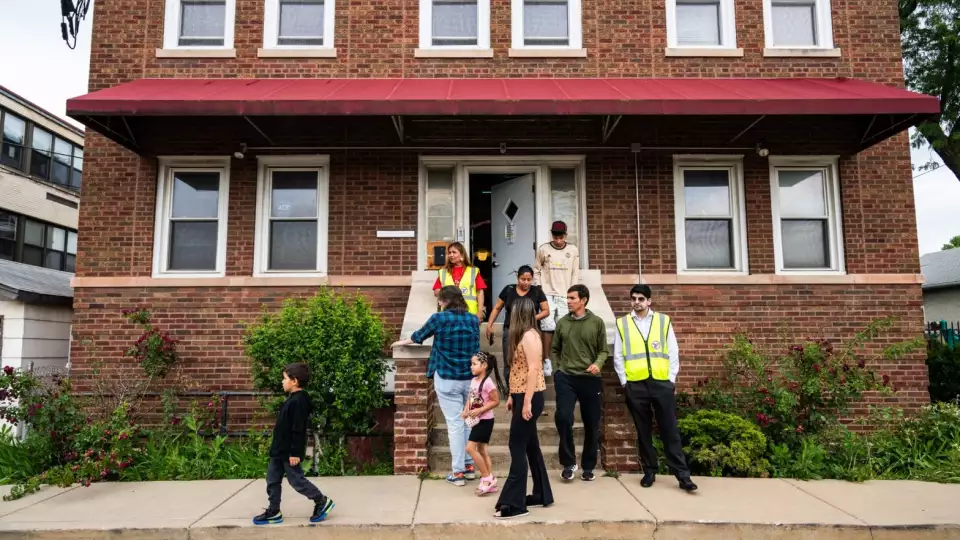 Migrants were welcomed with a dinner at the recently opened migrant shelter at St. Bartholomew Catholic Church in Portage Park on June 11, 2024. Credit: Colin Boyle/Block Club Chicago