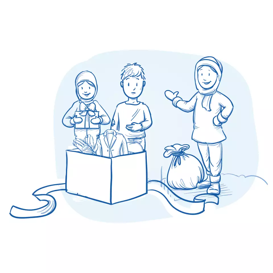 Illustration of relief worker providing box of gloves and coats to children in need