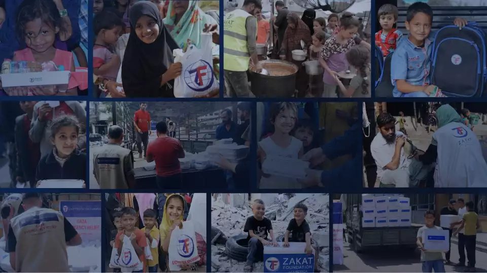 Images of children families and various Zakat Foundation aid workers from throughout the year of 2024. Lots of smiles and help being handed out.