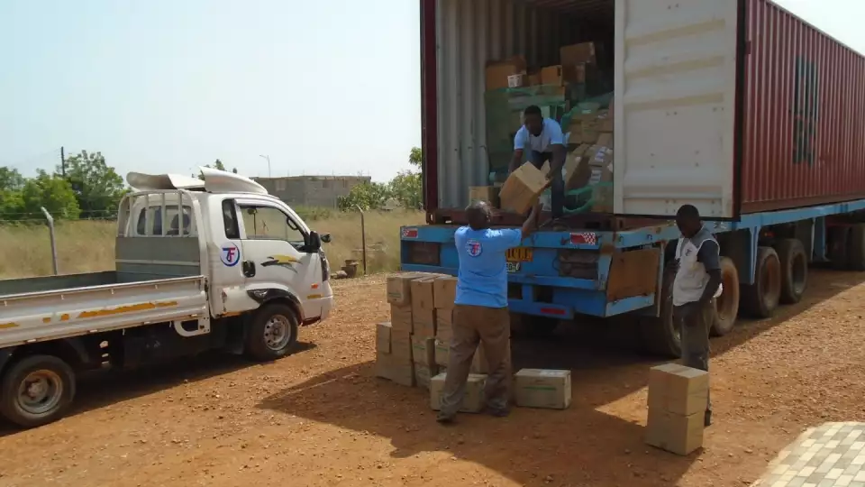 A truckload of medical supplies arrive in Ghana to provide medical assistance to families in need