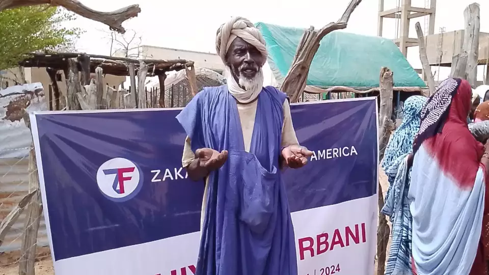 Prayers of gratitude are said by a man in Mauritania at our Udhiyah-Qurbani distribution.