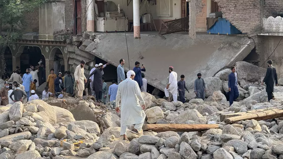 Rushing flood waters left large boulders and debris in its path in the aftermath of Pakistan floods.
